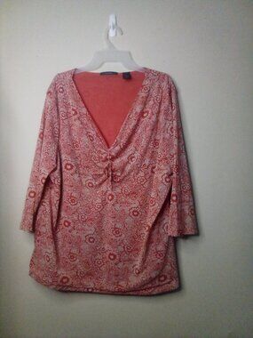 Liz Claiborne Blouse Women 3X 3/4 Sleeve Tie Gather Floral Pattern Pink Peach